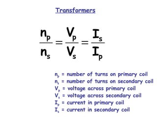 Transformers
p
s
s
p
s
p
I
I
V
V
n
n
==
np = number of turns on primary coil
ns = number of turns on secondary coil
Vp = voltage across primary coil
Vs = voltage across secondary coil
Ip = current in primary coil
Is = current in secondary coil
 