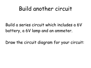 Build another circuit
Build a series circuit which includes a 6V
battery, a 6V lamp and an ammeter.
Draw the circuit diagram for your circuit:
 