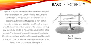 BASIC ELECTRICITY
Again, in 1820, and almost coincident with the discovery of
the Galvanometer, the Danish scientist, Hans Christian
Oerstead (1777-1851) discovered the phenomenon of
electromagnetism. He just happened to have a small
magnetic compass lying close to a short length of copper
wire. Oerstead noticed that whenever the wire was carrying
any current, the needle of the compass would deflect off to
one side. The stronger the current the greater the deflection.
When the current was switched off, the needle would return to
normal, and if the current was reversed, the compass would
deflect to the opposite side. See Figure 3.
 