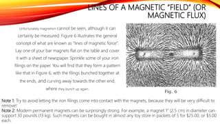 LINES OF A MAGNETIC “FIELD” (OR
MAGNETIC FLUX)
Unfortunately magnetism cannot be seen, although it can
certainly be measured. Figure 6 illustrates the general
concept of what are known as “lines of magnetic force”.
Lay one of your bar magnets flat on the table and cover
it with a sheet of newspaper. Sprinkle some of your iron
filings on the paper. You will find that they form a pattern
like that in Figure 6, with the filings bunched together at
the ends, and curving away towards the other end,
where they bunch up again.
Note 1: Try to avoid letting the iron filings come into contact with the magnets, because they will be very difficult to
remove!
Note 2: Modern permanent magnets can be surprisingly strong. For example, a magnet 1” (2.5 cm) in diameter can
support 30 pounds (13 kg). Such magnets can be bought in almost any toy store in packets of 5 for $25.00, or $5.00
each.
 