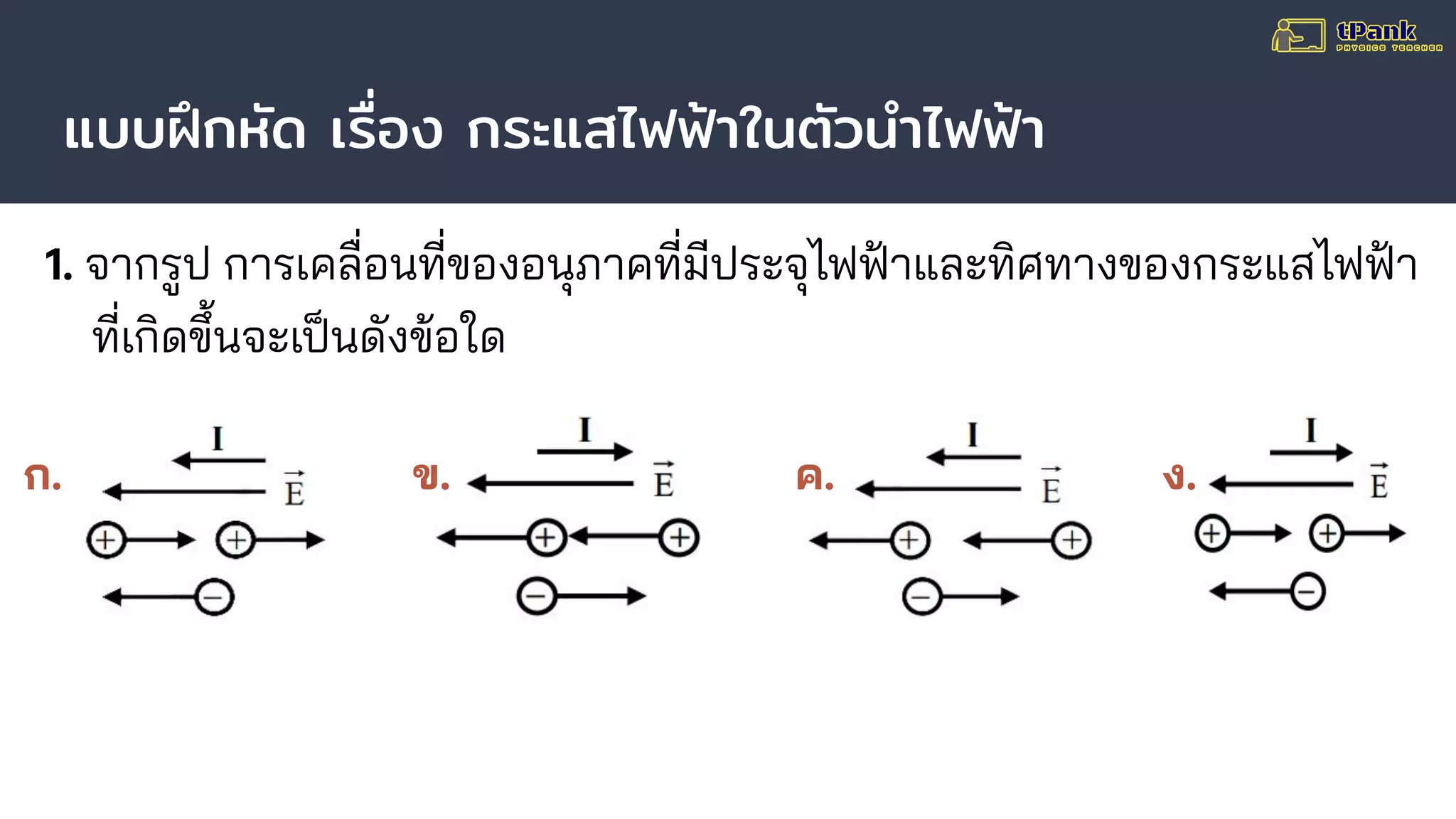 แบบฝึกหัด เรื่อง กระแสไฟฟ้าในตัวนําไฟฟ้า
1. จากรูป การเคลื่อนที่ของอนุภาคที่มีประจุไฟฟ้าและทิศทางของกระแสไฟฟ้า
ที่เกิดขึ้นจะเป็นดังข้อใด
ก. ข. ค. ง.
 