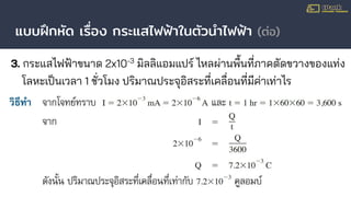 แบบฝึกหัด เรื่อง กระแสไฟฟ้าในตัวนําไฟฟ้า (ต่อ)
3. กระแสไฟฟ้าขนาด 2x10-3
มิลลิแอมแปร์ ไหลผ่านพื้นที่ภาคตัดขวางของแท่ง
โลหะเป็นเวลา 1 ชั่วโมง ปริมาณประจุอิสระที่เคลื่อนที่มีค่าเท่าไร
 
