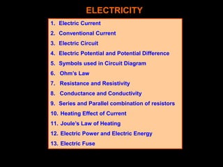 ELECTRICITY
1. Electric Current
2. Conventional Current
3. Electric Circuit
4. Electric Potential and Potential Difference
5. Symbols used in Circuit Diagram
6. Ohm’s Law
7. Resistance and Resistivity
8. Conductance and Conductivity
9. Series and Parallel combination of resistors
10. Heating Effect of Current
11. Joule’s Law of Heating
12. Electric Power and Electric Energy
13. Electric Fuse
 