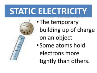 STATIC ELECTRICITY
•The temporary
building up of charge
on an object
•Some atoms hold
electrons more
tightly than others.
 