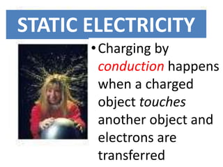 STATIC ELECTRICITY
•Charging by
conduction happens
when a charged
object touches
another object and
electrons are
transferred
 
