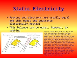 Static Electricity
• Protons and electrons are usually equal
and this makes the substance
electrically neutral.
• This balance can be upset, however, by
rubbing. Let us assume that both the dry cloth
and the polythene rod have neutral
charge before the experiment. This
means that the amount of protons in the
nucleus is the same as the amount of
electrons orbiting around the nucleus.
If you rub a polythene rod with a
woolen cloth, electrons are transferred
from wool towards the surface of the
polythene rod. The woolen cloth now has
more positive charges than negative
charges and so it becomes positively
charged while the polythene rod becomes
negatively charged. Rubbing gives the
polythene rod static electricity.
Static means not moving.
 