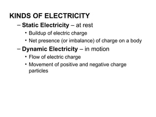 KINDS OF ELECTRICITY
– Static Electricity – at rest
• Buildup of electric charge
• Net presence (or imbalance) of charge on a body
– Dynamic Electricity – in motion
• Flow of electric charge
• Movement of positive and negative charge
particles
 