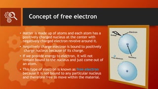 Concept of free electron
• Matter is made up of atoms and each atom has a
positively charged nucleus at the center with
negatively charged electron revolve around it.
• Negatively charge electron is bound to positively
charge nucleus because of its charge.
• If we provide energy to electron, it will not
remain bound to the nucleus and just come out of
an atom.
• This type of electron is known as free electron
because it is not bound to any particular nucleus
and therefore free to move within the material.
 