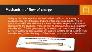 Mechanism of flow of charge
Going by the same logic that we have understood from the activity, a
conductor may have billions or trillions of free electrons, but there is no
space for an additional electron. It means that when we push an additional
electron into the conductor from one end, an electron would come out from
the other end. This happens instantly, it means that there is no time gap
between pushing an electron from one end and jumping out of electron from
the other end, either the length of the conductor is 1 meter or 1 kilometer.
 