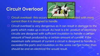 Circuit Overload
⬡ Circuit overload- this occurs when a circuit is supplied with more
current than it is designed to handle.
⬡ Circuit overload is very dangerous as it can result in damage to the
parts which make up a circuit. As heat is a bi- product of electricity
circuits are designed with sufficient insulation to handle a certain
amount of heat produced by a certain amount of current. If the
maximum safe amount of current a circuit is designed to handle is
exceeded the parts and insulation on the wires can get hotter than
should be and an electrical fire would result.
16
 