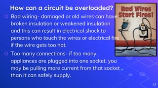 How can a circuit be overloaded?
⬡ Bad wiring- damaged or old wires can have
broken insulation or weakened insulation
and this can result in electrical shock to
persons who touch the wires or electrical fire
if the wire gets too hot.
⬡ Too many connections- if too many
appliances are plugged into one socket, you
may be pulling more current from that socket
than it can safely supply.
17
 