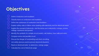 Objectives
⬡ Define conductors and insulators
⬡ Classify items as conductors and insulators
⬡ Define the usefulness of conductors and insulators
⬡ Explain safety rules to follow when dealing with electricity and the electrical mains
⬡ Explain the concept of electricity and the terms use in electricity ( charge, current,
voltage, resistance and power).
⬡ Identify the symbols of a simple circuit (switch, cell, battery, fuse, bulb and wire).
⬡ Compare series and parallel circuit.
⬡ Discuss the danger of overloading and short circuiting.
⬡ List safety devices used to prevent electrical disasters.
⬡ Read an electrical meter to determine energy usage.
⬡ Calculate the cost of electrical usage
2
 
