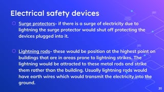 Electrical safety devices
⬡ Surge protectors- if there is a surge of electricity due to
lightning the surge protector would shut off protecting the
devices plugged into it.
⬡ Lightning rods- these would be position at the highest point on
buildings that are in areas prone to lightning strikes. The
lightning would be attracted to these metal rods and strike
them rather than the building. Usually lightning rods would
have earth wires which would transmit the electricity into the
ground.
20
 