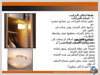 Introduction to Construction Drawings 00105-15
‫التركيب‬ ‫لمكان‬ ‫طبقا‬
1
-
‫الخزانات‬ ‫اضاءة‬
‫صغيرة‬ ‫مصابيح‬ ‫من‬ ‫زانات‬ِ‫خ‬‫ال‬ ‫إضاءة‬ ‫تتكون‬
‫يتم‬
.
‫في‬ ‫تساعد‬ ‫وهي‬ ‫الخزانة‬ ‫داخل‬ ‫تركبيها‬
‫على‬ ‫العثور‬
.
‫بواسطة‬ ‫يعمل‬ ‫معظمها‬ ‫الخزانة‬ ‫بداخل‬ ‫ما‬
‫البطاريات‬
‫إلى‬ ‫وصالت‬ ‫أو‬ ‫أسالك‬ ‫توجد‬ ‫فال‬ ‫لذا‬ ،‫الجافة‬
‫الرئيسي‬ ‫الكهربائي‬ ‫مصدرالتيار‬
-
‫االسقف‬ ‫مصابيح‬
‫أو‬ ً‫منتشرا‬ ً‫ضوءا‬ ‫األسقف‬ ‫مصابيح‬ ‫تصدر‬
ً‫مباشرا‬
‫إضاءة‬ ‫وتوفر‬ ،‫المصباح‬ ‫غطاء‬ ‫على‬ ‫اعتمادا‬
.‫الغرفة‬ ‫كامل‬ ‫فوق‬ ‫شاملة‬
‫اإلضاءة‬ ‫شدة‬ ‫في‬ ‫التحكم‬ ‫مفتاح‬ ‫لك‬ ‫يسمح‬
‫في‬ ‫بالتحكم‬
‫السقف‬ ‫مصباح‬ ‫لنفس‬ ‫يمكن‬ ‫بحيث‬ ،‫الضوء‬
‫يوفر‬ ‫أن‬
ً‫ا‬ ‫سطوع‬ ‫أكثر‬ ‫أو‬ ‫أنعم‬ ً‫ضوءا‬
 