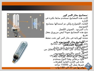 Introduction to Construction Drawings 00105-15
‫كور‬ ‫المر‬ ‫بخار‬ ‫مصابيح‬:
‫في‬ ‫بكثرة‬ ‫سابقا‬ ‫تستخدم‬ ‫المصابيح‬ ‫هذه‬ ‫كانت‬
‫اإلنارة‬

‫بمصابيح‬ ‫استبدالها‬ ‫تم‬ ‫ولكن‬ ‫للشوارع‬ ‫العامة‬
‫الصوديوم‬
.
‫األفضل‬ ‫الضوئي‬ ‫المردود‬ ‫ذات‬
‫بفعل‬ ‫مزرورق‬ ‫أبيض‬ ‫ضوءا‬ ‫المصابيح‬ ‫هذه‬ ‫تنتج‬
‫تفريغ‬
‫ضغط‬ ‫تحت‬ ‫كور‬ ‫المر‬ ‫بخار‬ ‫في‬ ‫كهربائية‬ ‫شحنة‬
‫مرتفع‬
‫إلى‬ ‫يصل‬
500
‫مصابيح‬ ‫في‬ ‫الضغط‬ ‫مرة‬
.
‫وهذا‬ ‫النيون‬
‫من‬ ‫والتقليل‬ ‫الضوء‬ ‫انبعاث‬ ‫على‬ ‫يساعد‬ ‫الضغط‬
‫الضوء‬
.
‫من‬ ‫كثيرا‬ ‫تستهلك‬ ‫ولكنها‬ ‫بنفسجي‬ ‫التحت‬
‫الطاقة‬
‫ذات‬ ‫الصوديوم‬ ‫بخار‬ ‫مصابيح‬
‫المنخفض‬ ‫الضغط‬ :
‫بخليط‬ ‫مليئة‬ ‫المصابيح‬ ‫هذه‬ ‫تكون‬
‫من‬
‫والصوديوم‬ ‫واألرجون‬ ‫النيون‬ ‫غاز‬
‫ينبعث‬ ‫كهربائية‬ ‫شحنة‬ ‫تفريغ‬ ‫وبفعل‬
‫يستخدم‬ ‫النوع‬ ‫وهذا‬ ‫برتقالي‬ ‫ضوء‬
‫للطرقات‬ ‫العامة‬ ‫اإلنارة‬ ‫في‬ ‫عادة‬
‫الى‬ ‫يصل‬ ‫عمرها‬
15000
‫ساعه‬
‫بين‬ ‫وقدرتها‬
35
‫الى‬
180
‫وات‬
 