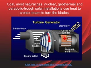 Coal, most natural gas, nuclear, geothermal and
parabolic-trough solar installations use heat to
create steam to turn the ...