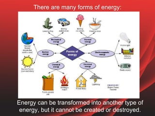 There are many forms of energy:
Energy can be transformed into another type of
energy, but it cannot be created or destroy...