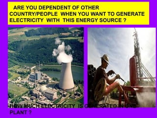 ARE YOU DEPENDENT OF OTHER
COUNTRY/PEOPLE WHEN YOU WANT TO GENERATE
ELECTRICITY WITH THIS ENERGY SOURCE ?
HOW MUCH ELECTRICITY IS GENERATED IN ONE
PLANT ?