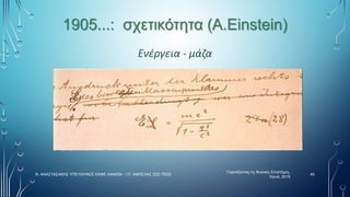 1905...: σχετικότητα (A.Einstein)
Ενέργεια - μάζα
Γιορτάζοντας τις Φυσικές Επιστήμες,
Χανιά, 2019
45
Ν. ΑΝΑΣΤΑΣΑΚΗΣ ΥΠΕΥΘΥΝΟΣ ΕΚΦΕ ΧΑΝΙΩΝ - Ι.Π. ΑΜΠΕΛΑΣ ΣΕΕ ΠΕ02
 