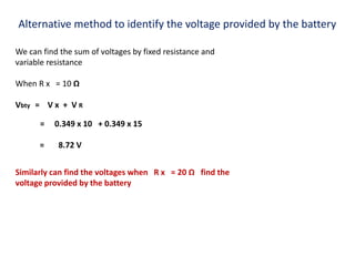 Alternative method to identify the voltage provided by the battery
We can find the sum of voltages by fixed resistance and
variable resistance
When R x = 10 Ω
Vbty = V x + V R
= 0.349 x 10 + 0.349 x 15
= 8.72 V
Similarly can find the voltages when R x = 20 Ω find the
voltage provided by the battery
 