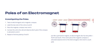 Poles of an Electromagnet
Investigating the Poles
Take an electromagnet and a magnetic compass
1.
Label the two ends of the coil as A and B
2.
Place the magnetic compass near end A
3.
Connect the coil to the cell and observe which pole of the compass
is attracted to end A
4.
Repeat to find the polarity of end B
5.
Just like a permanent magnet, an electromagnet also has two poles4
North and South. If the north pole of the magnetic compass is
attracted towards end A of the electromagnet, then end A is south
pole.
 