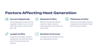 Factors Affecting Heat Generation
Current Magnitude
The heat generated increases with the
magnitude of electric current. A circuit
with 2 cells produces more heat than
with 1 cell.
Material of Wire
Different materials have different
resistances. Higher resistance
materials generate more heat for the
same current.
Thickness of Wire
Thinner wires have higher resistance
and generate more heat than thicker
wires of the same material.
Length of Wire
Longer wires have higher resistance
and generate more heat than shorter
wires of the same material and
thickness.
Duration of Current
The longer the current flows, the more
heat is generated in the wire.
 