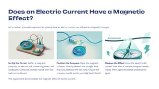Does an Electric Current Have a Magnetic
Effect?
Let's conduct a simple experiment to observe how an electric current can influence a magnetic compass.
Set Up the Circuit: Gather a magnetic
compass, an electric cell, connecting wires, and
cardboard. Construct a simple switch with two
nails on cardboard.
Position the Compass: Place the magnetic
compass directly beneath the straight wire
that runs between the two nails. Ensure the
compass needle points normally North-South.
Observe the Effect: Close the switch to let
current flow. Watch how the compass needle
reacts. Then, open the switch and observe
again.
This experiment demonstrates the magnetic effect of electric current.
 