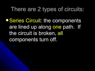 There are 2 types of circuits:
 Series Circuit: the components
 are lined up along one path. If
 the circuit is broken, all
 components turn off.
 