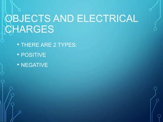 OBJECTS AND ELECTRICAL
CHARGES
• THERE ARE 2 TYPES:
• POSITIVE
• NEGATIVE
 