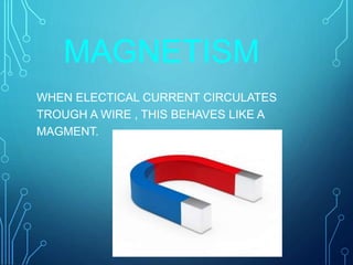 MAGNETISM
WHEN ELECTICAL CURRENT CIRCULATES
TROUGH A WIRE , THIS BEHAVES LIKE A
MAGMENT.
 