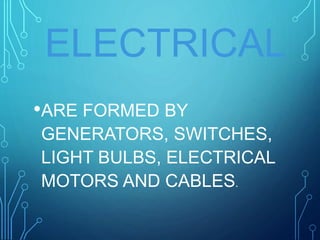 ELECTRICAL
•ARE FORMED BY
GENERATORS, SWITCHES,
LIGHT BULBS, ELECTRICAL
MOTORS AND CABLES.
 