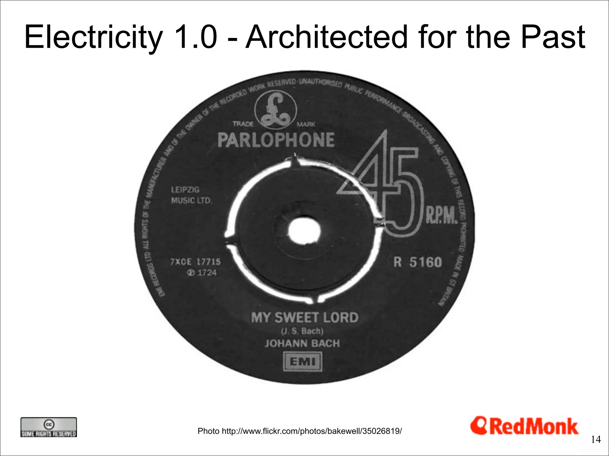 Electricity 1.0 - Architected for the Past




             Photo http://www.flickr.com/photos/bakewell/35026819/
                                                                     14
 