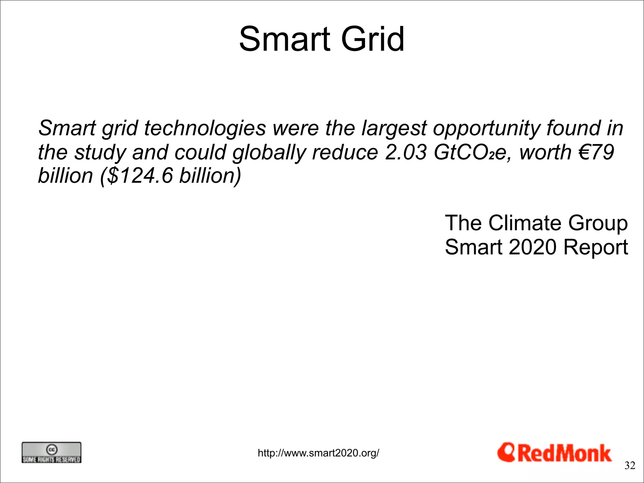Smart Grid

Smart grid technologies were the largest opportunity found in
the study and could globally reduce 2.03 GtCO2e, worth €79
billion ($124.6 billion)

                                                  The Climate Group
                                                  Smart 2020 Report




                      http://www.smart2020.org/
                                                                  32
 