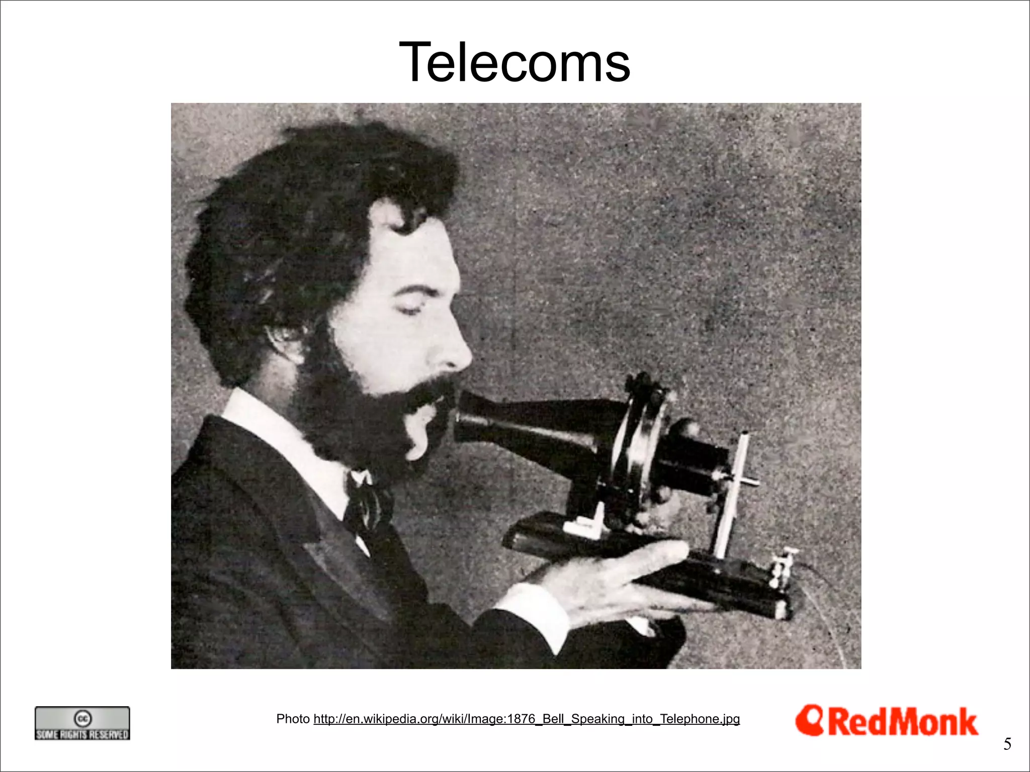 Telecoms




Photo http://en.wikipedia.org/wiki/Image:1876_Bell_Speaking_into_Telephone.jpg

                                                                                 5
 