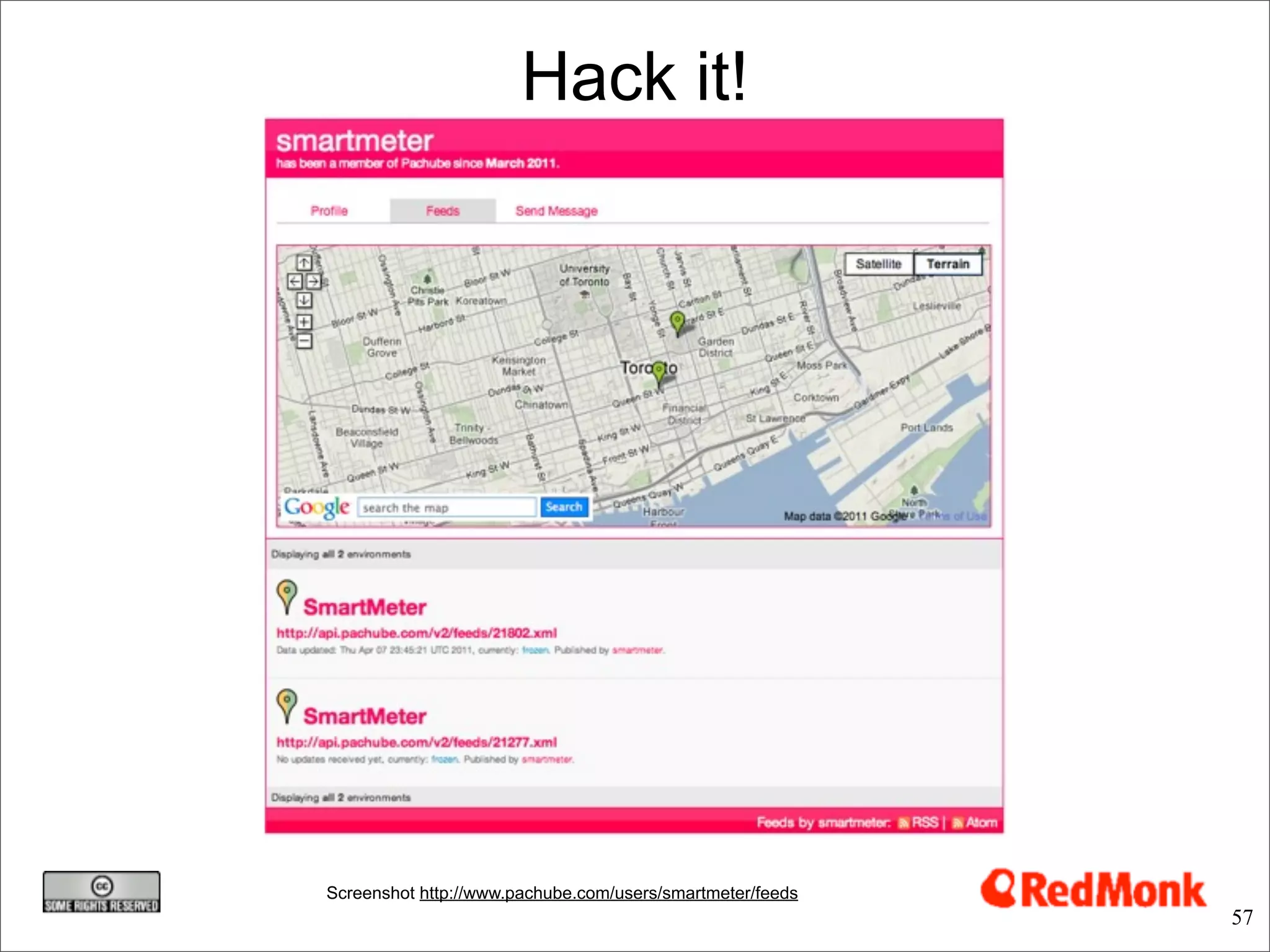 Hack it!




Screenshot http://www.pachube.com/users/smartmeter/feeds
                                                           57
 