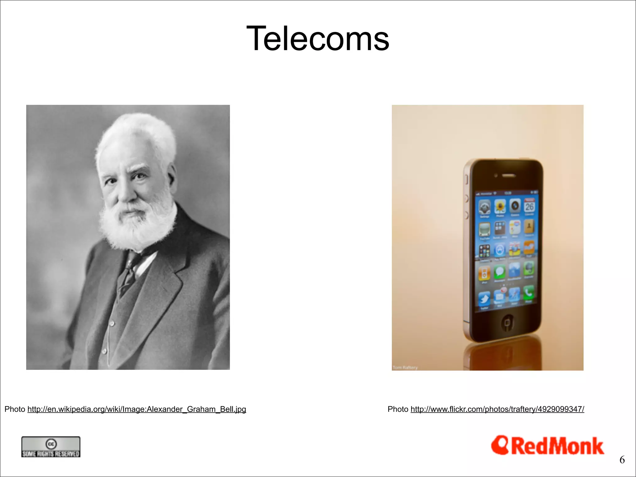 Telecoms




Photo http://en.wikipedia.org/wiki/Image:Alexander_Graham_Bell.jpg      Photo http://www.flickr.com/photos/traftery/4929099347/




                                                                                                                                  6
 
