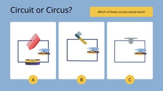 Which of these circuits would work?
A B C
Circuit or Circus?
 