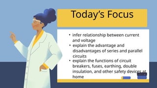 Today’s Focus
• infer relationship between current
and voltage
• explain the advantage and
disadvantages of series and parallel
circuits
• explain the functions of circuit
breakers, fuses, earthing, double
insulation, and other safety devices at
home
 