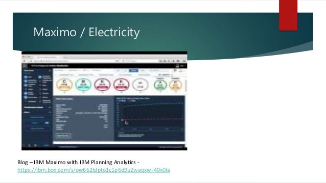 Maximo / Electricity
Blog – IBM Maximo with IBM Planning Analytics -
https://ibm.box.com/s/ow662tdpto1c1p6d9u2waqxwli40x0la
 
