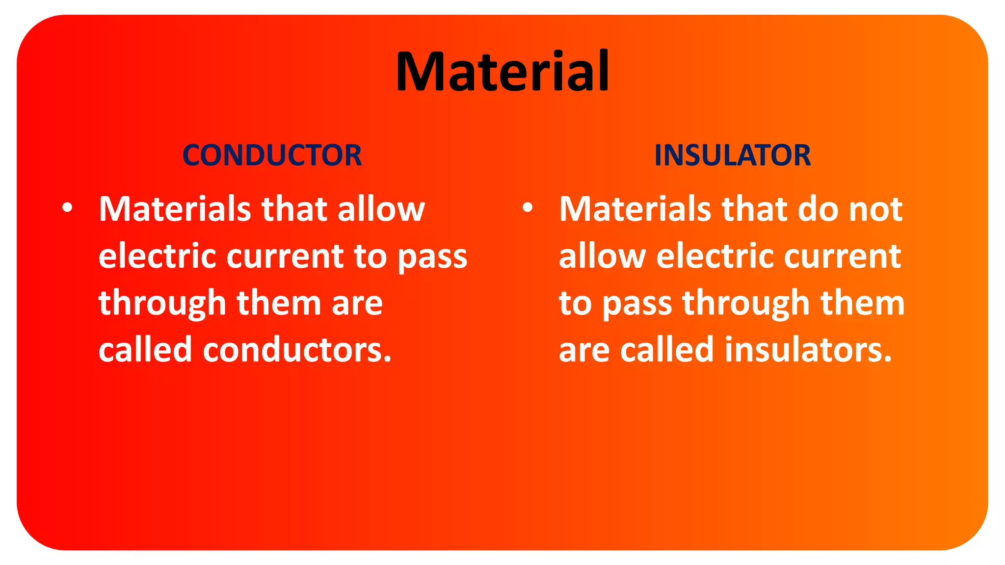 Material
CONDUCTOR
• Materials that allow
electric current to pass
through them are
called conductors.
INSULATOR
• Materials that do not
allow electric current
to pass through them
are called insulators.
 