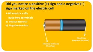 Did you notice a positive (+) sign and a negative (–)
sign marked on the electric cell
All electric cells
have two terminals
a) Positive terminal
b) Negative terminal
(Positive Terminal)
Metal Cap
(Negative Terminal)
Metal Disc
 