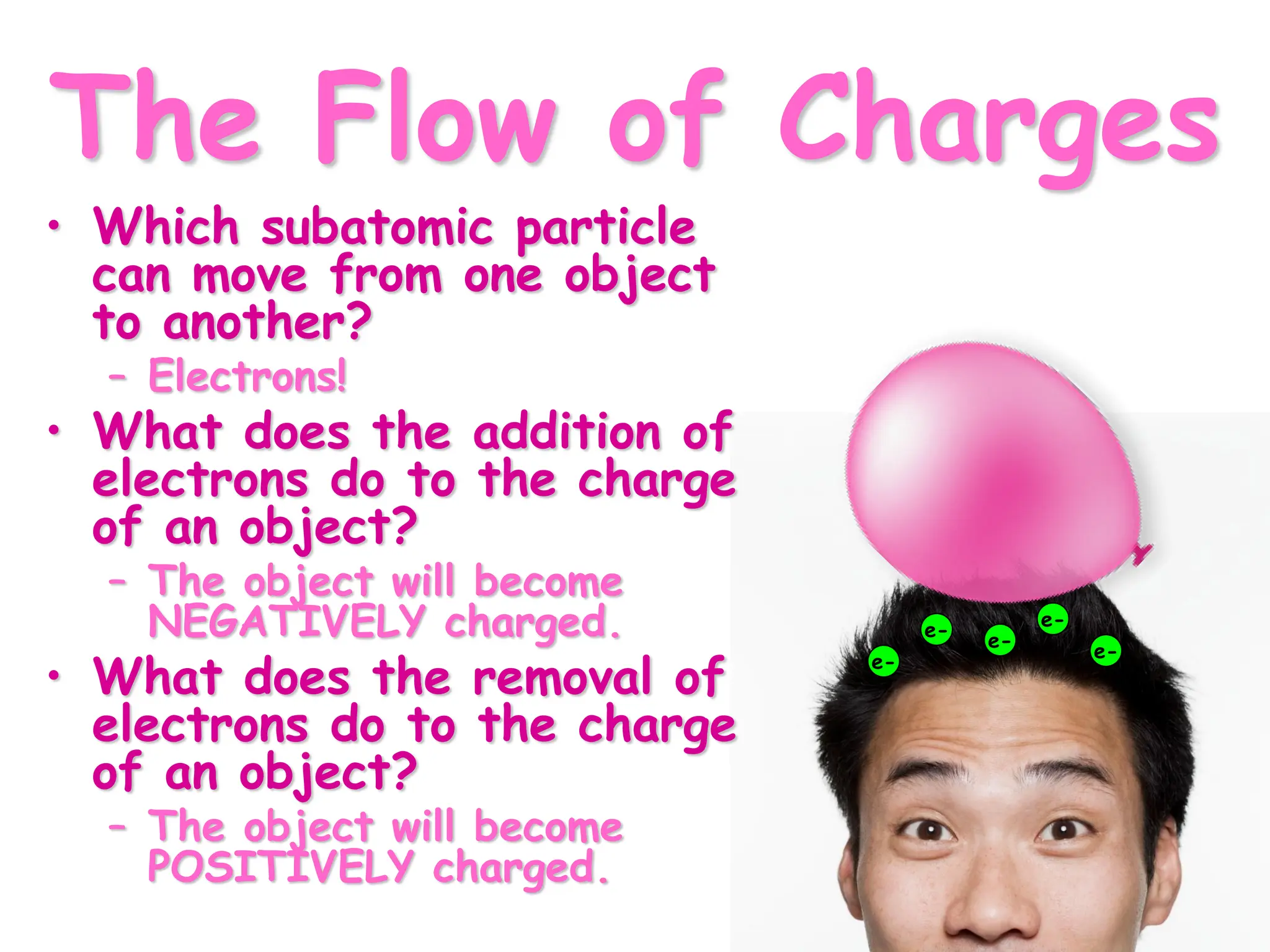 The Flow of Charges
• Which subatomic particle
can move from one object
to another?
– Electrons!
• What does the addition of
electrons do to the charge
of an object?
– The object will become
NEGATIVELY charged.
• What does the removal of
electrons do to the charge
of an object?
– The object will become
POSITIVELY charged.
e-
e-
e-
e-
e-
 