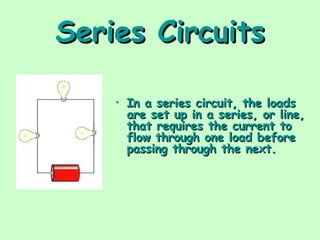Series Circuits
Series Circuits
• In a series circuit, the loads
In a series circuit, the loads
are set up in a series, or line,
are set up in a series, or line,
that requires the current to
that requires the current to
flow through one load before
flow through one load before
passing through the next.
passing through the next.
 