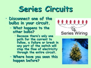 Series Circuits
Series Circuits
• Disconnect one of the
Disconnect one of the
bulbs in your circuit.
bulbs in your circuit.
– What happens to the
What happens to the
other bulbs?
other bulbs?
• Because there’s only one
Because there’s only one
path for the current to
path for the current to
follow, a failure or break in
follow, a failure or break in
any part of the switch will
any part of the switch will
stop the flow of electricity
stop the flow of electricity
through the entire circuit.
through the entire circuit.
– Where have you seen this
Where have you seen this
happen before?
happen before?
 