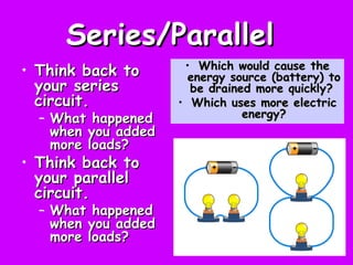 Series/Parallel
Series/Parallel
• Think back to
Think back to
your series
your series
circuit.
circuit.
– What happened
What happened
when you added
when you added
more loads?
more loads?
• Think back to
Think back to
your parallel
your parallel
circuit.
circuit.
– What happened
What happened
when you added
when you added
more loads?
more loads?
• Which would cause the
Which would cause the
energy source (battery) to
energy source (battery) to
be drained more quickly?
be drained more quickly?
• Which uses more electric
Which uses more electric
energy?
energy?
 