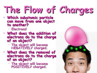 The Flow of Charges
The Flow of Charges
• Which subatomic particle
Which subatomic particle
can move from one object
can move from one object
to another?
to another?
– Electrons!
Electrons!
• What does the addition of
What does the addition of
electrons do to the charge
electrons do to the charge
of an object?
of an object?
– The object will become
The object will become
NEGATIVELY charged.
NEGATIVELY charged.
• What does the removal of
What does the removal of
electrons do to the charge
electrons do to the charge
of an object?
of an object?
– The object will become
The object will become
POSITIVELY charged.
POSITIVELY charged.
e- e-
e-
e-
e-
 