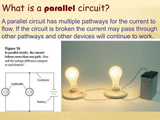 What is a parallel circuit?
A parallel circuit has multiple pathways for the current to
flow. If the circuit is broken the current may pass through
other pathways and other devices will continue to work.
 