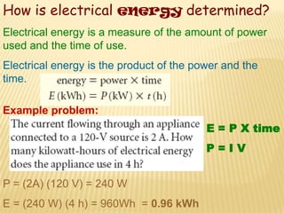 How is electrical energy determined?
Electrical energy is a measure of the amount of power
used and the time of use.
Electrical energy is the product of the power and the
time.

Example problem:
                                          E = P X time
                                          P=IV


P = (2A) (120 V) = 240 W
E = (240 W) (4 h) = 960Wh = 0.96 kWh
 