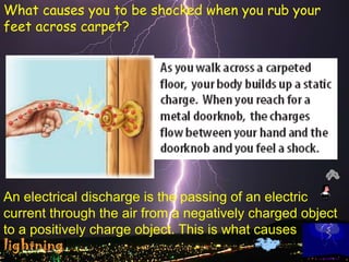 What causes you to be shocked when you rub your
feet across carpet?




An electrical discharge is the passing of an electric
current through the air from a negatively charged object
to a positively charge object. This is what causes
lightning!
 