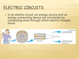 ELECTRIC CIRCUITS
   In an electric circuit, an energy source and an
    energy consuming device are connected by
    conducting wires through which electric charges
    move.
 
